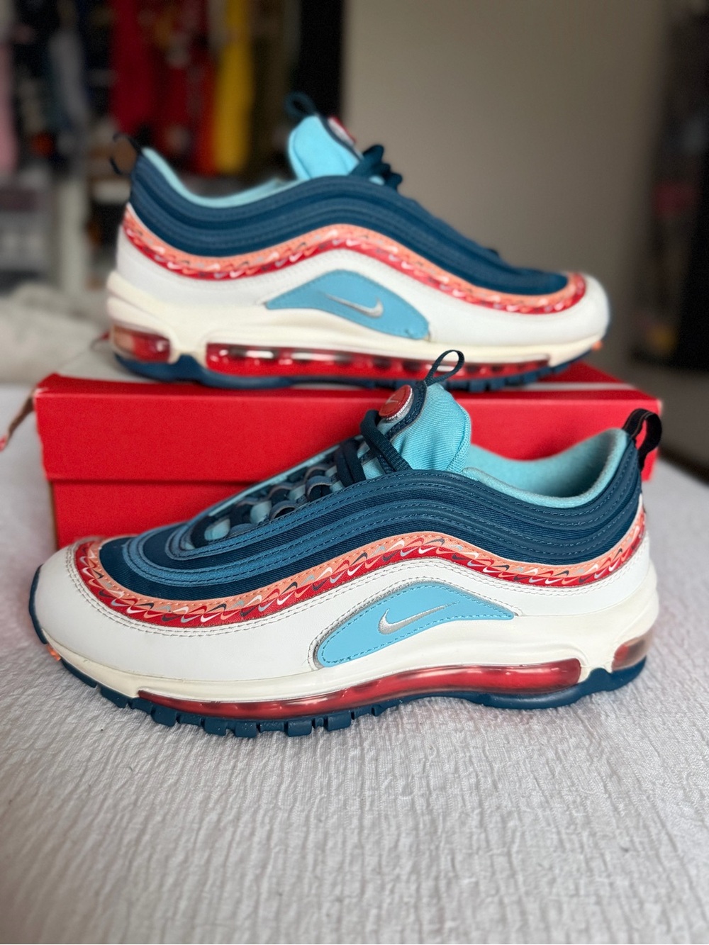 Nike Women's Air Max 97 Swoosh Chain Navy, Light Blue & Coral Accent 8.5W - 7Y